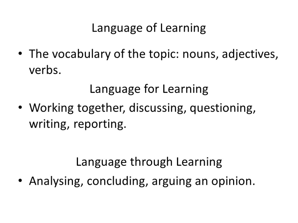 Language of Learning The vocabulary of the topic: nouns, adjectives, verbs. Language for Learning